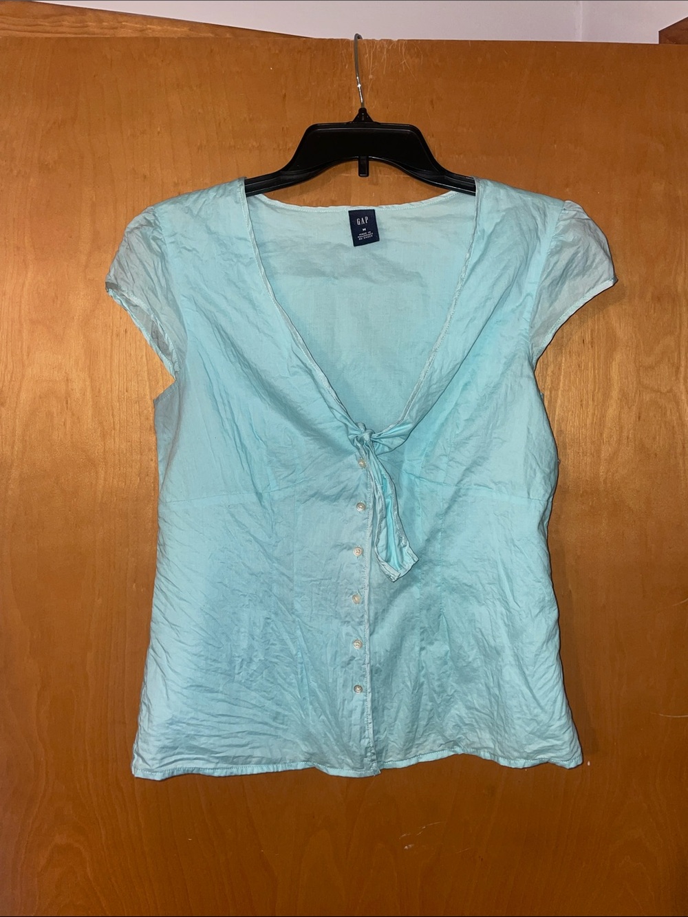 Gap Women's Light Blue Tie Front Short Sleeve Blouse 100% cotton size medium